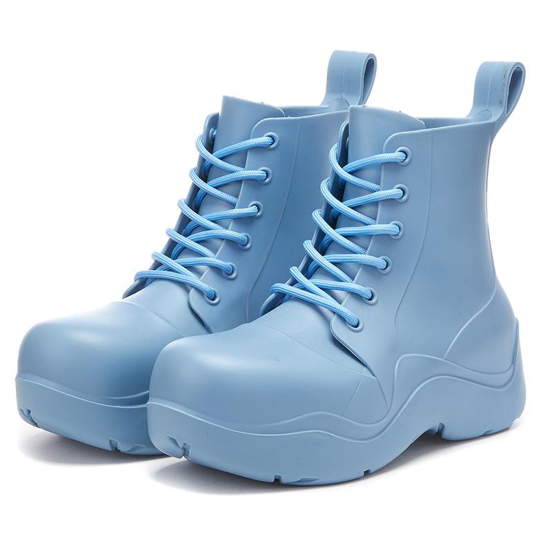 Fashion Rain Boots Women Thick Sole Outdoor Lace Up Non-slip Fashion Ankle Boots Work Solid Color Four Seasons Waterproof Zapatos Mujer