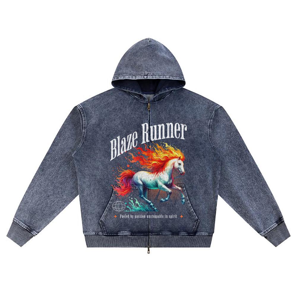 DTG Print Knitted Denim Zip-Up Hoodie Streatwear Brother Print Zipper Hoodies  