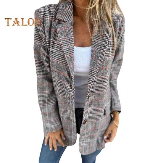 Dressjakke for kvinner Lapel Langermet Houndstooth Print Single-Breasted Cardigan Style Dressjakke med klafflommer Løs passform Business Yttertøy
