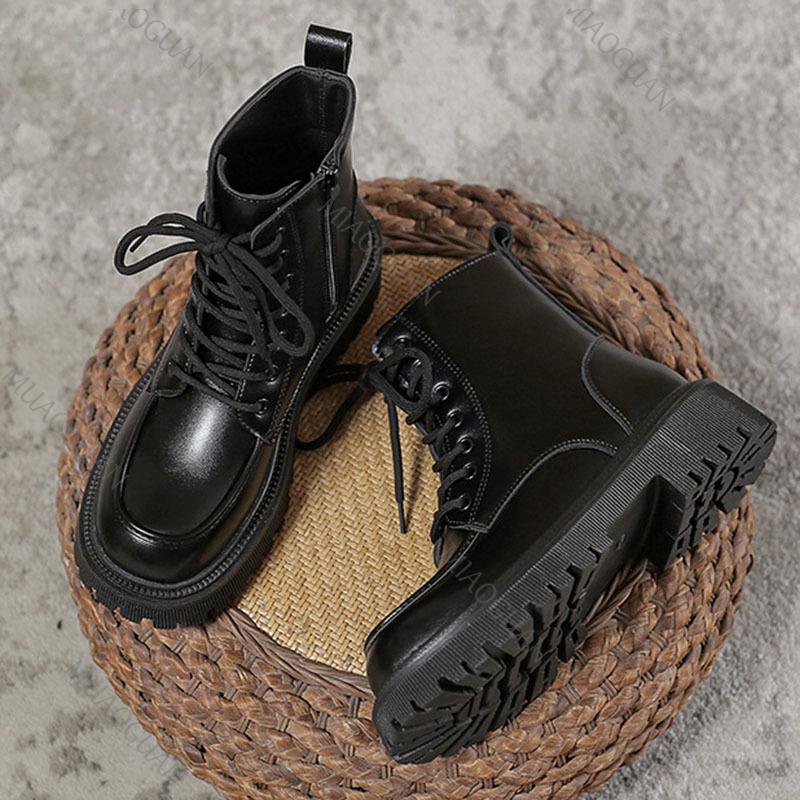 Fashion Short Lace-up Boots Women's New British Style Thick Middle Heels Women Autumn Winter Shoes Platform Black Brown Leather Botines