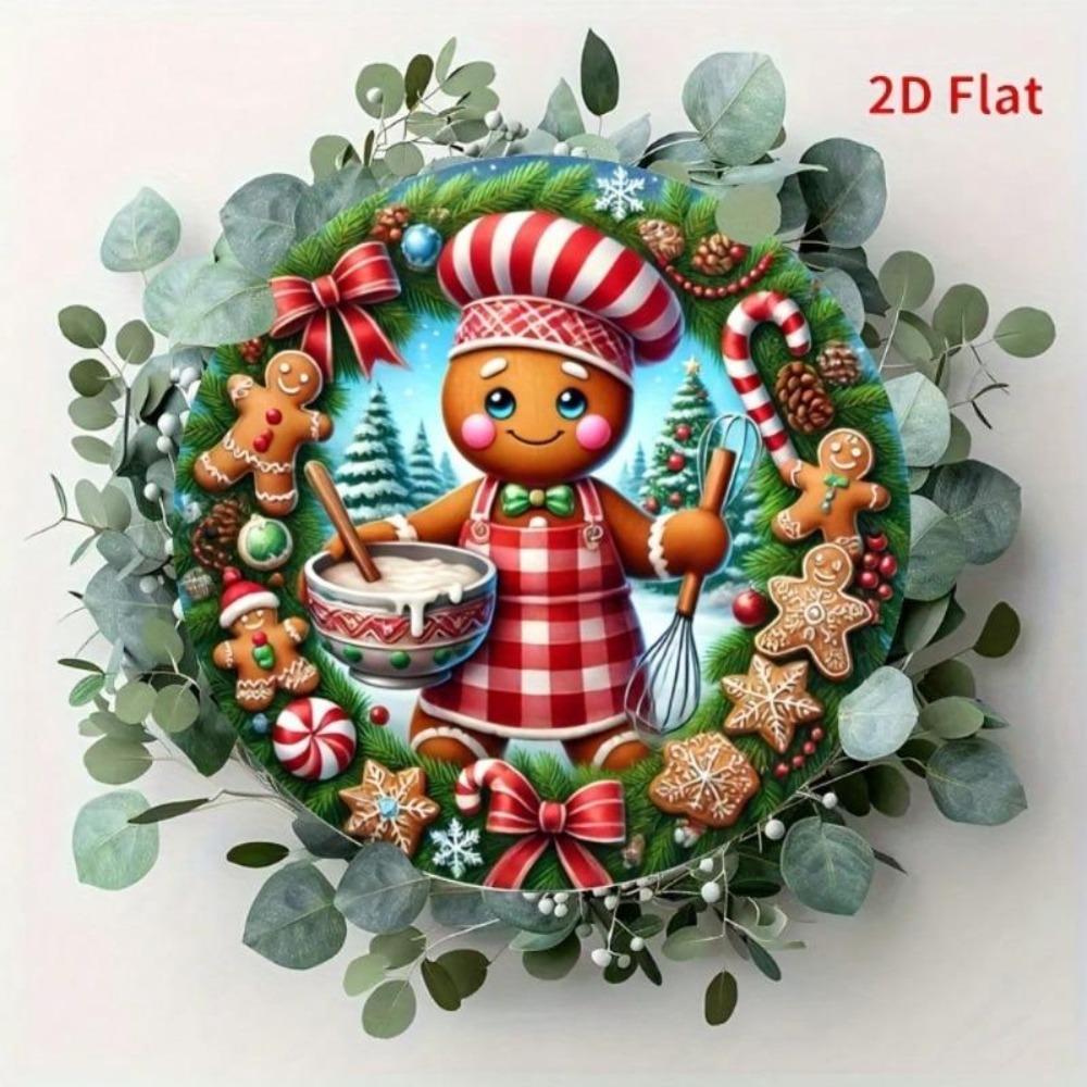 Tin Metal Christmas Gingerbread Girl Cookie Wreath Decoration 8x8 Inch Flat Wall Art