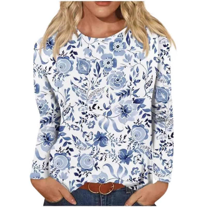 New Women's Round Neck Long Sleeve Loose Printed T-Shirt Ladies Top