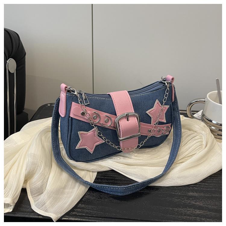 

2025 New Hip Hop Spice Girl Fashion Belt Rivet Star Chain One Shoulder Trend Personality Underarm Crossbody Women s Bag темно-синього кольору