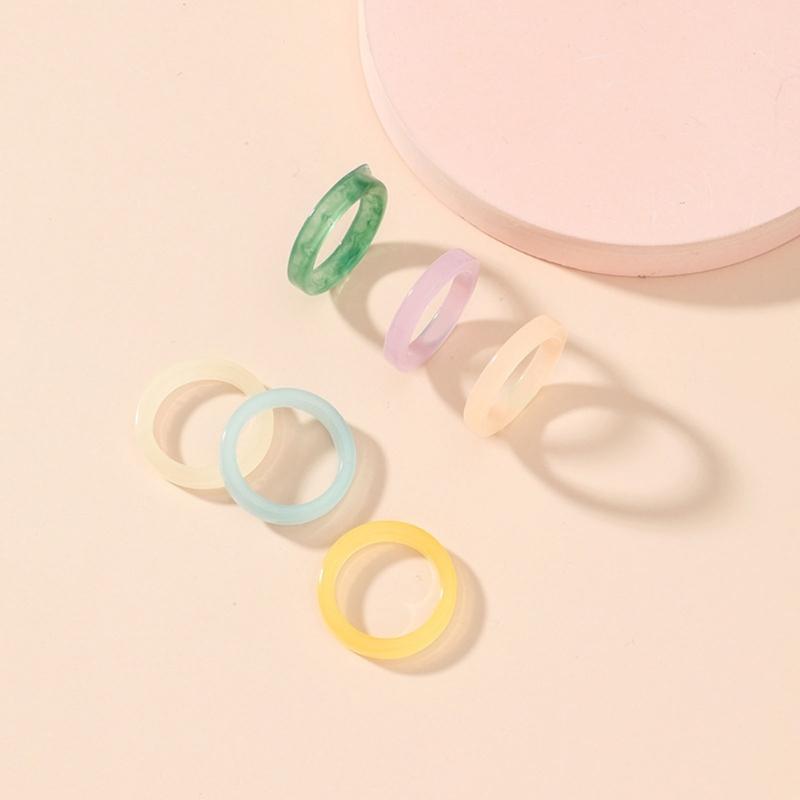 6pcs Set Korean Vintage Resin Rings Geometric Colorful Round Rings for Women Girls Simple Jewelry Gift Women Ring
