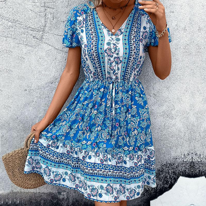 New summer women's v-neck ethnic floral dress