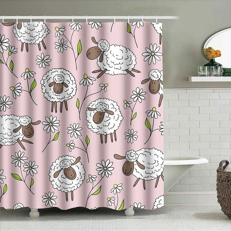 Pink Sheep Flower Shower Curtain Bathroom Decoration for Kids' Room or Kitchen