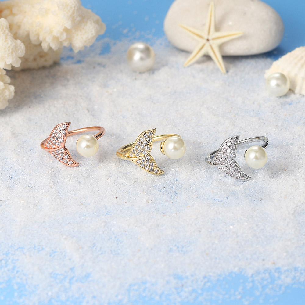 Delicate Whale Tail Shaped Rings for Women Exquisite Cute Pearl Fairy Tale Jewellry Zircon Gold Color Jewelry Accessories R203