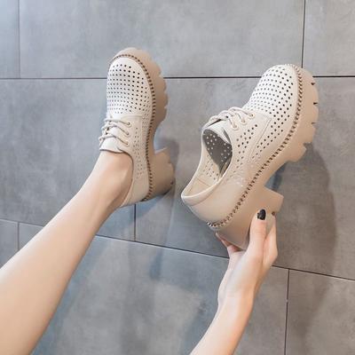 Real Soft Leather Lace-up Hole Chunky Heel Muffin Sandals Spring/Summer New High Heels Non-Slip Platform Shoes Women