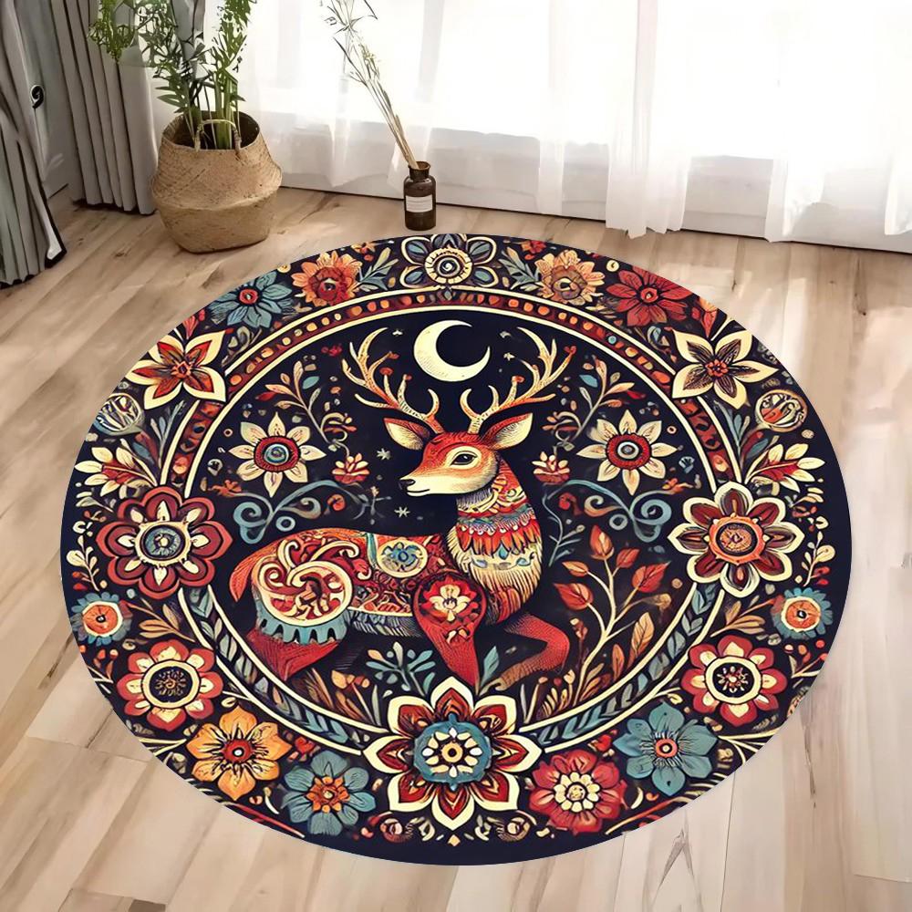 1pc Vintage Bohemian Elk Circular Printed Carpet Vintage Colored Mysterious Floor Mat Living Room Decoration Bedroom Carpet