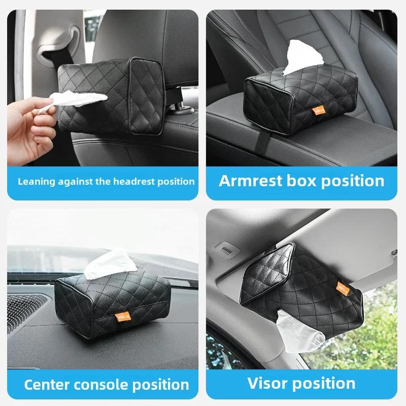 Car Mounted Tissue Box, Checkered Leather Wear-Resistant Tissue Box, Car Seat Backrest Sunshade Suspension Tissue Bag