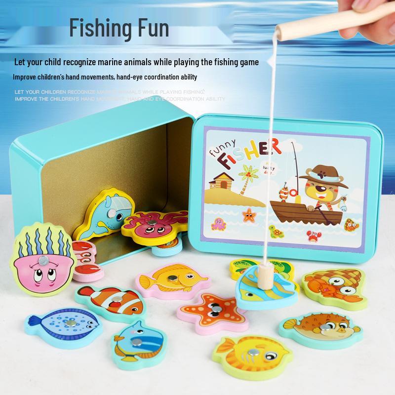 Tin Box 15-Piece Magnetic Fishing Toy for Parent-Child Interaction & Early Education