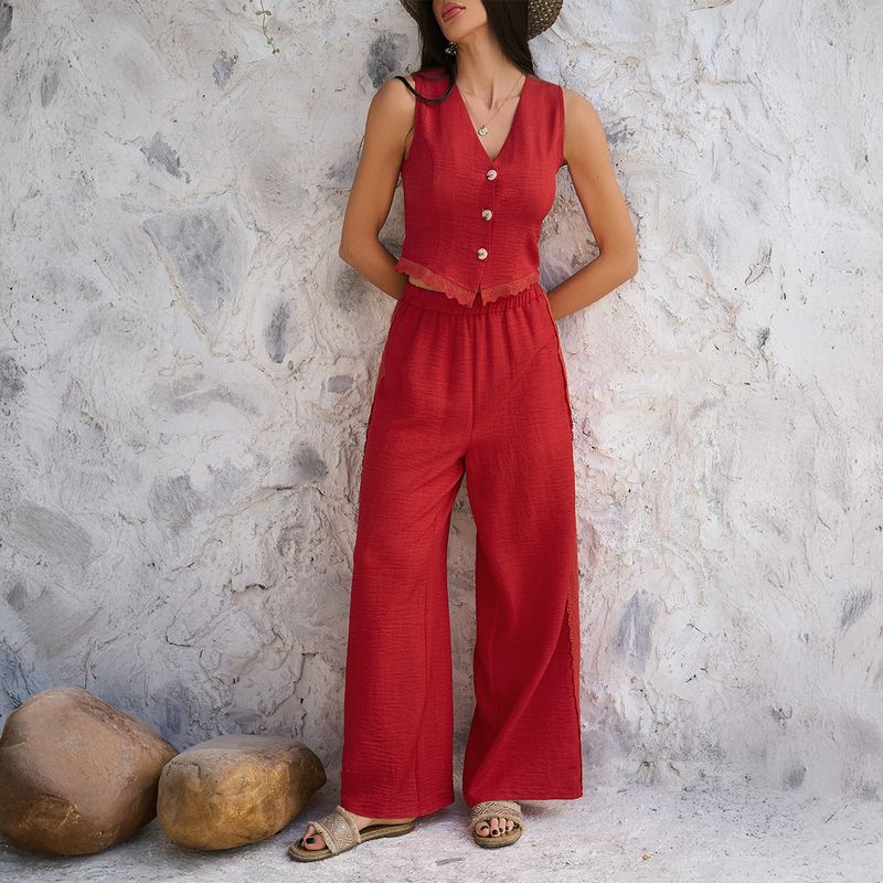

Spring 2025 Summer Cross-Border European and American Leisure Vacation Commuter Wind Solid Cardigan Vest Wide Leg Pants Two-piece Suit Red XL