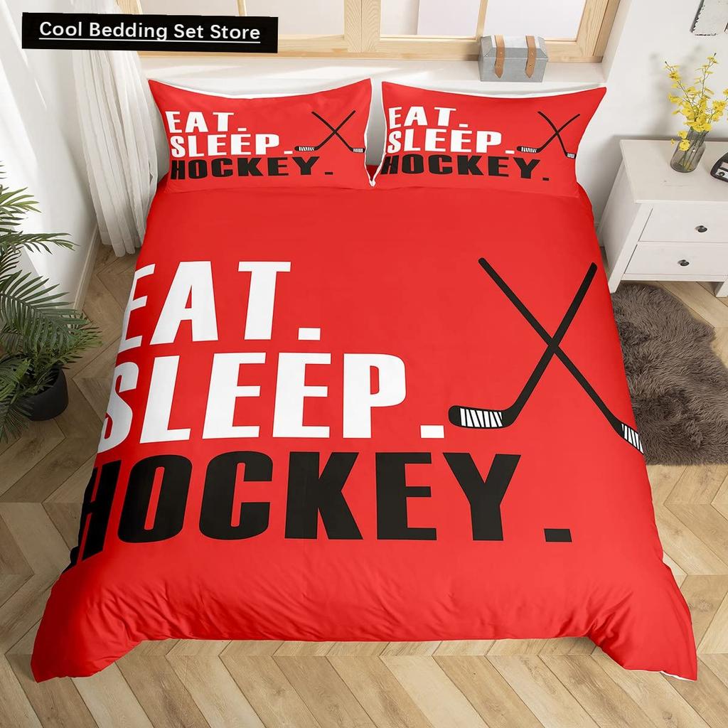 Comforter Ice Hockey Puck Hockey Player Winter Event Bedding Set Boys Sports Game Black Polyester Comforter