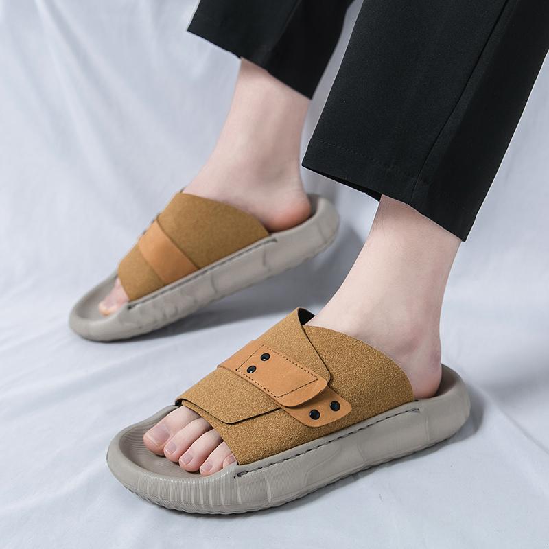 Summer New Brown Black Men's  Comfort Thick-soled Suede Leather Casual Shoes Breathable Beach Sandals Outdoor Slippers