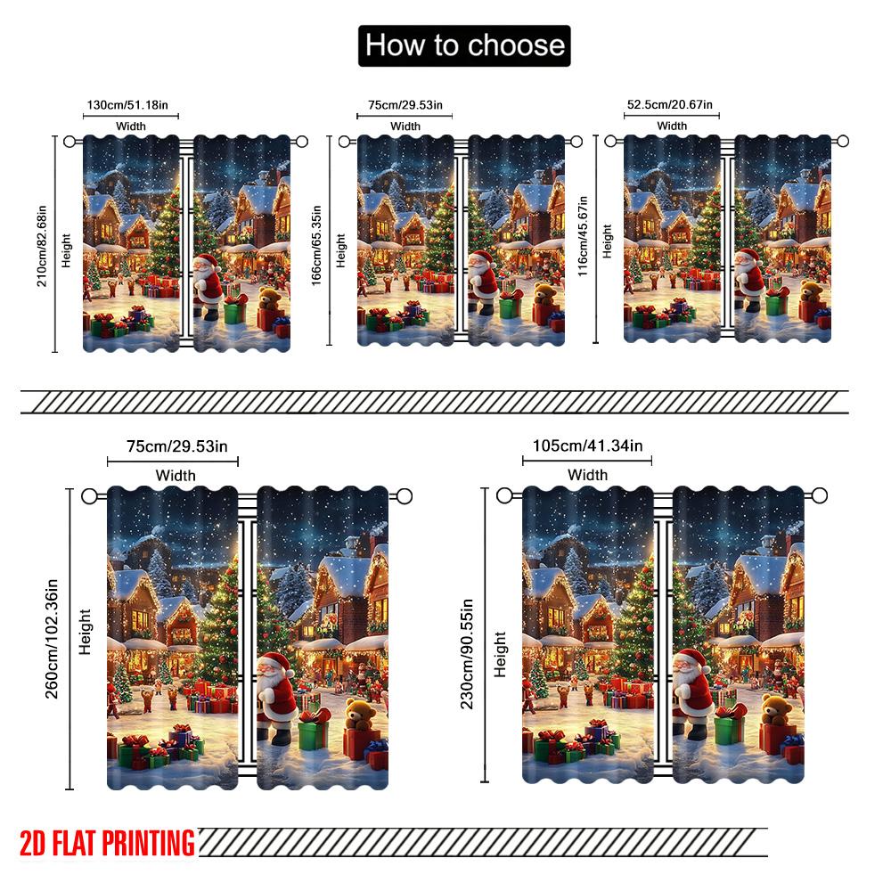 Set Of 2 Flat Printing Christmas Curtain Village Versatile Durable Polyester Without Electricity Festive Holiday Use