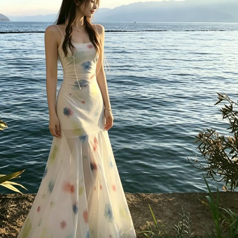 2026 new summer watercolor suspender dress women's summer small long irregular skirt fishtail skirt