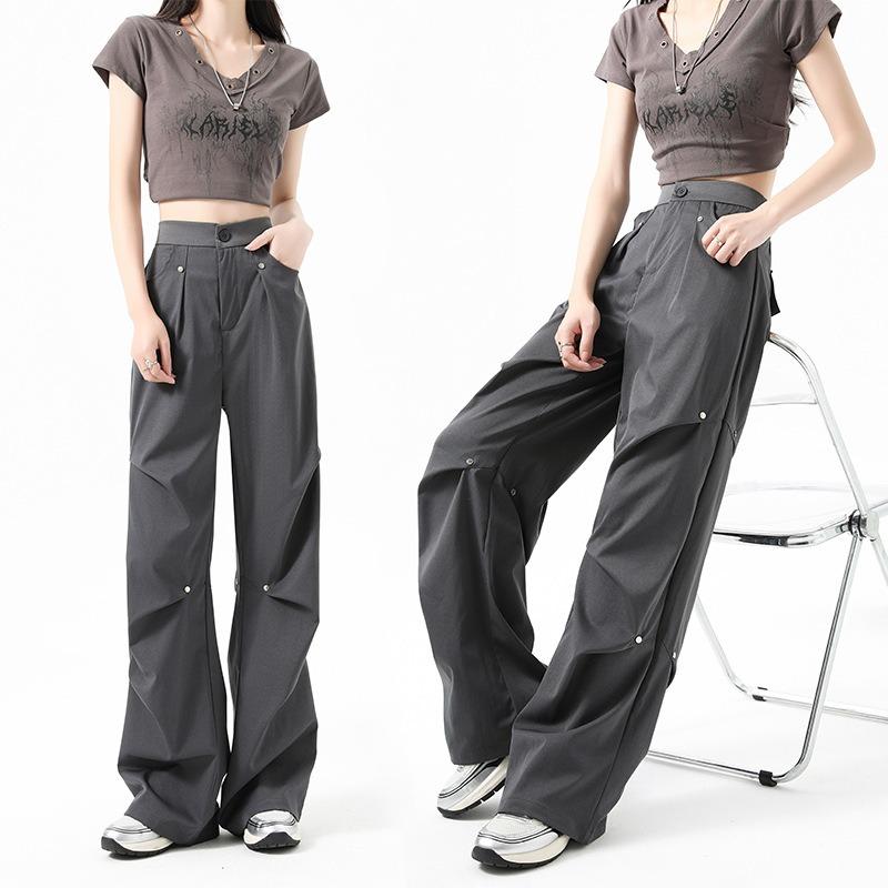 Retro Overalls Women's Autumn and Winter Velvet High-waisted and Thin Straight-leg Spiked Pleated Loose Wide-leg Casual Trousers