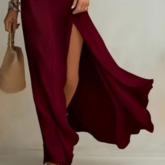 Damen One-Shoulder Maxikleid mit hohem Schlitz Langarm Locker Fließend Strand Sommerkleid Lässig Reise Urlaub Gestricktes Langes Kleid