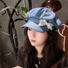 Luxurious Rhinestone Embellished Heavy Duty Butterfly Knot Octagonal Hat Women's Spring Summer Unique Vintage Denim Beret Cap