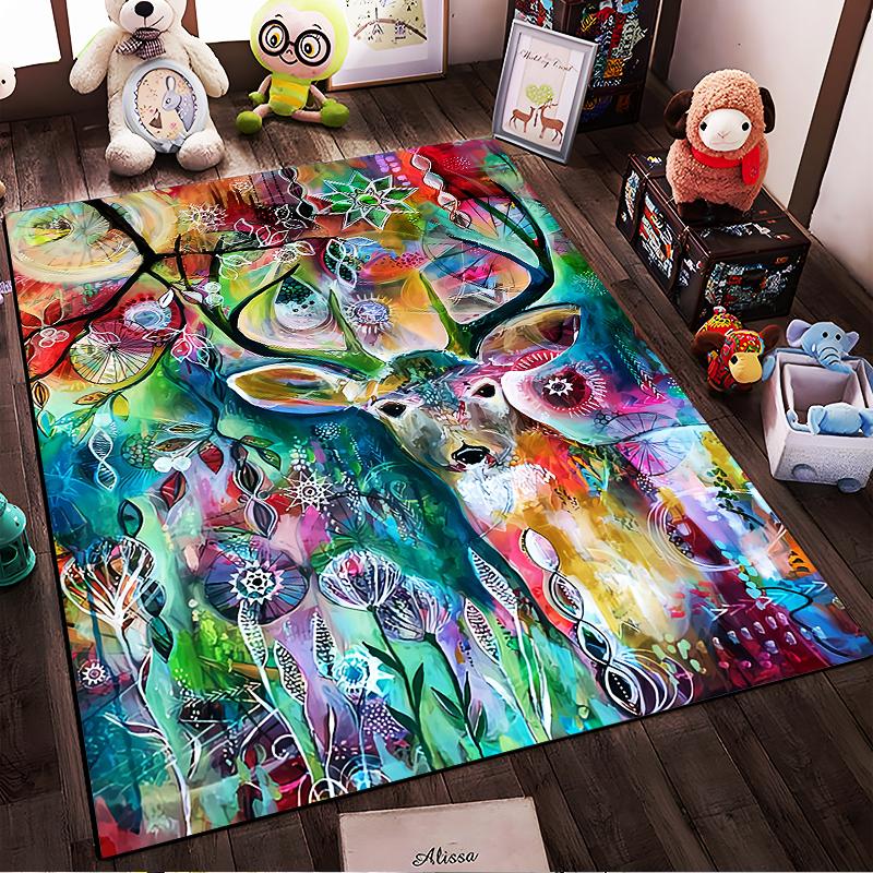 Colorful Deer Abstract Art Pattern Carpet for Home Decoration, 3D Style Suitable for use as an anti-slip for living room bedroom sofas