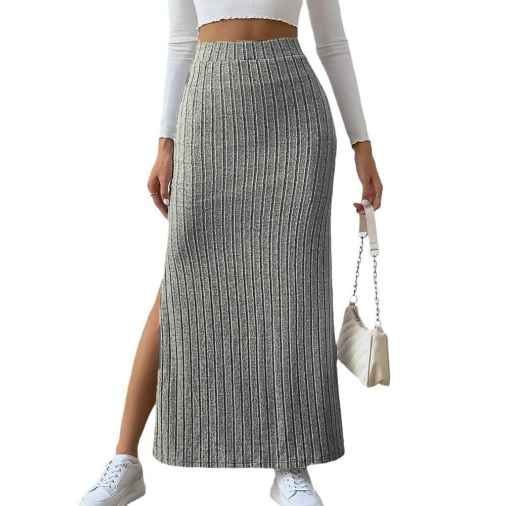 Slim Fit Women Skirt Elegant Womens High Waisted Maxi Skirt with Side Slit Ribbed Knitting Design One Tone Slim Fit Long for A