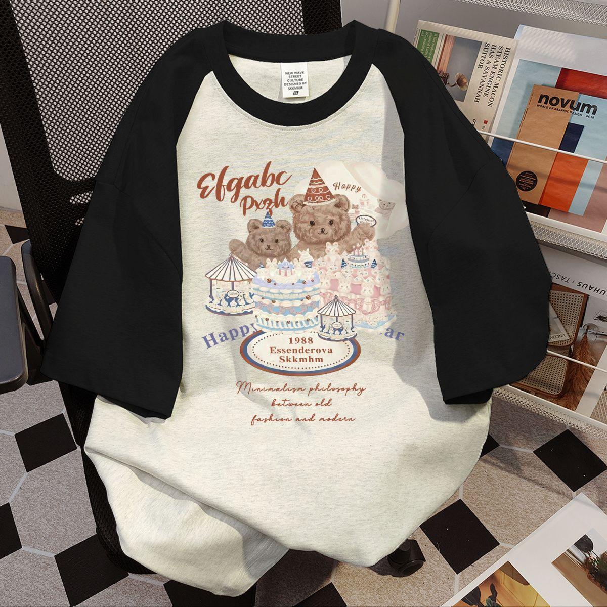 

American retro cotton bear printed short-sleeved T-shirt women s new summer large size loose contrasting shoulder sleeve top m (80-110 recommended)