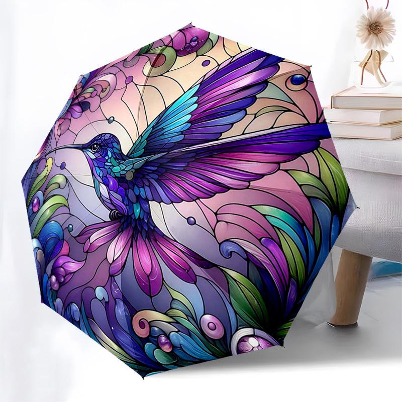 

1pc Stained Glass Hummingbird Design Automatic Opening Folding Umbrella with 8-Bone Iron Frame, Suitable for Fans, Travel, Daily Use, and Gift Giving.