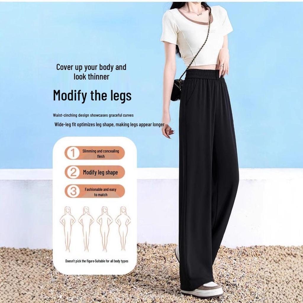 Women's Plus Size Black Ice Silk Wide-Leg Summer Pants - Loose, Slimming, High Elastic, Cool Straight-Leg Design.
