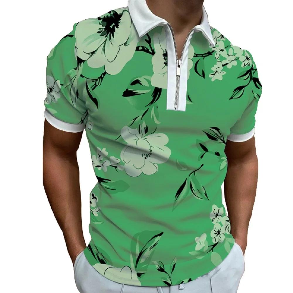 Personalized Street Flower Print Short-sleeved Lapel Zipper Polo Shirt for Men, Fashionable and Breathable Summer Men's Clothing