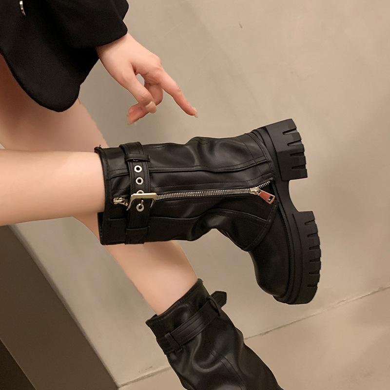 Winter Women Biker Boots Fashion Belt Buckle Ladies Elegant Platform Flats Short Booties Casual Women's Knight Booties