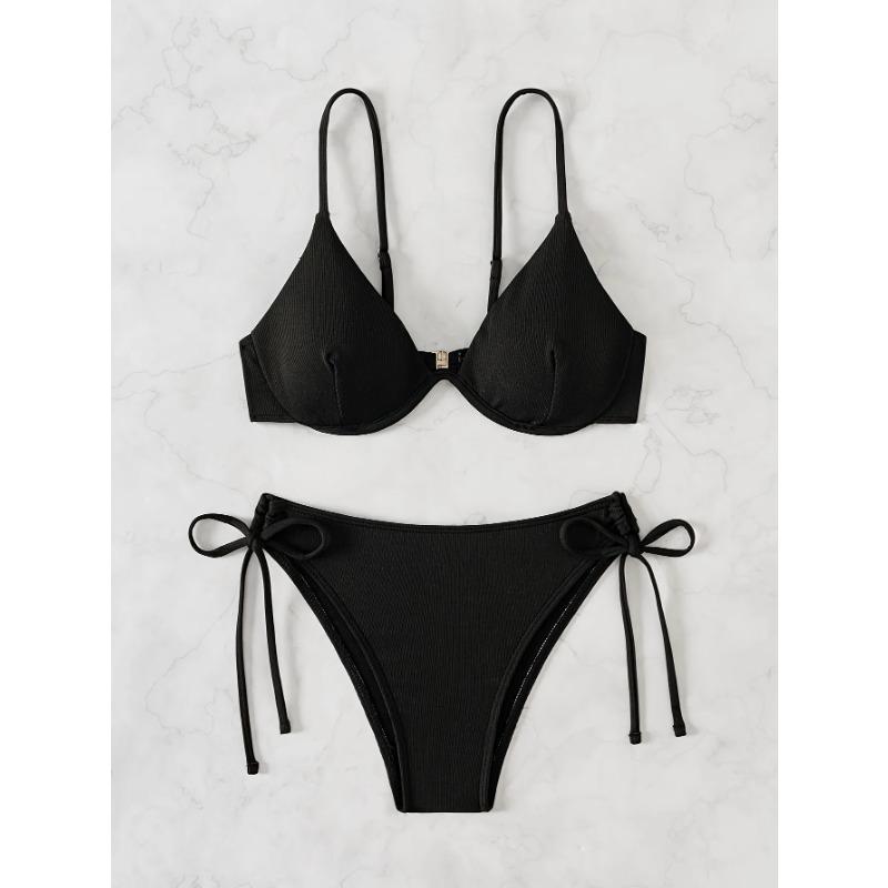

Слитный купальник бикини на косточках, сексуальный, новинка 2025 года, бикини с подкладкой пуш-ап, на завязках, купальник женский, летняя пляжная одежда L чёрный
