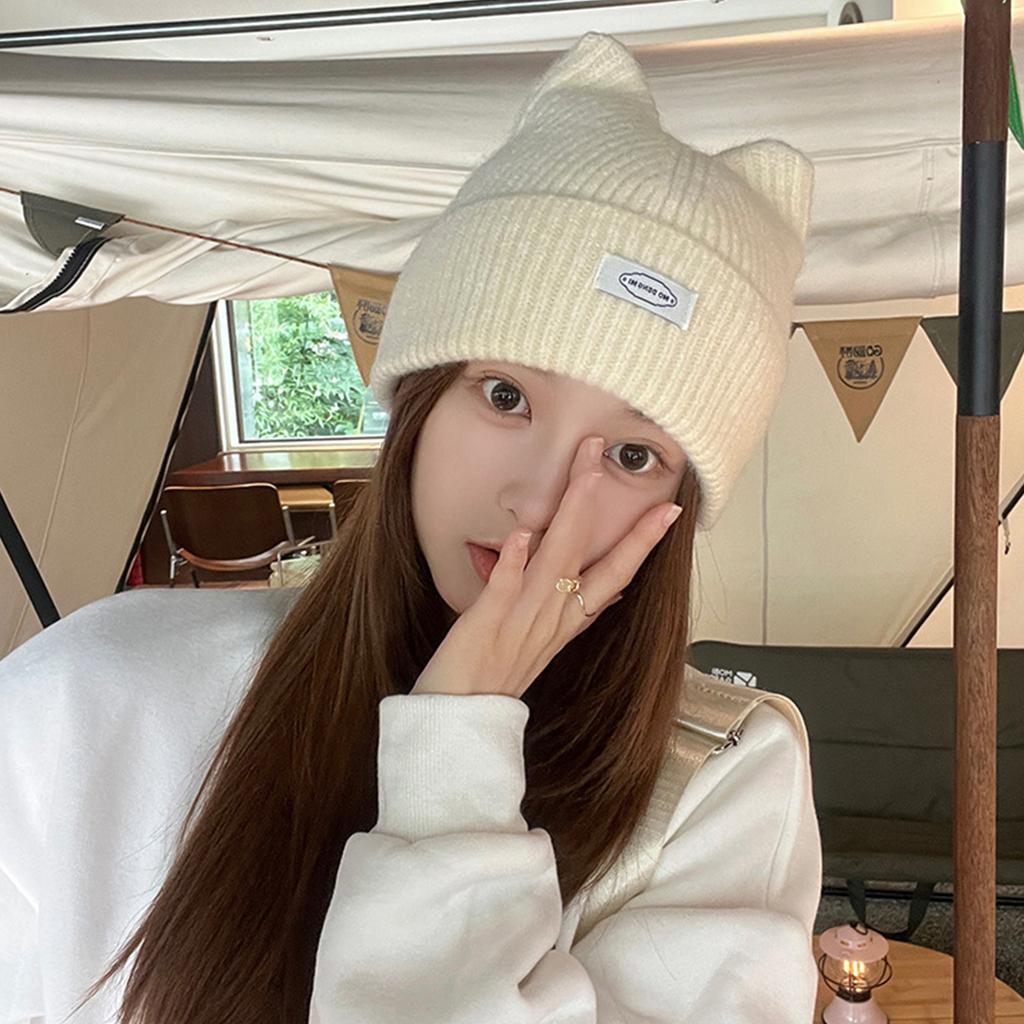 Floppy Cat Ear Beanie for Students Adult Windproof Foldable Winter Hat Thicken Harajuku Beanie with Letter Decals