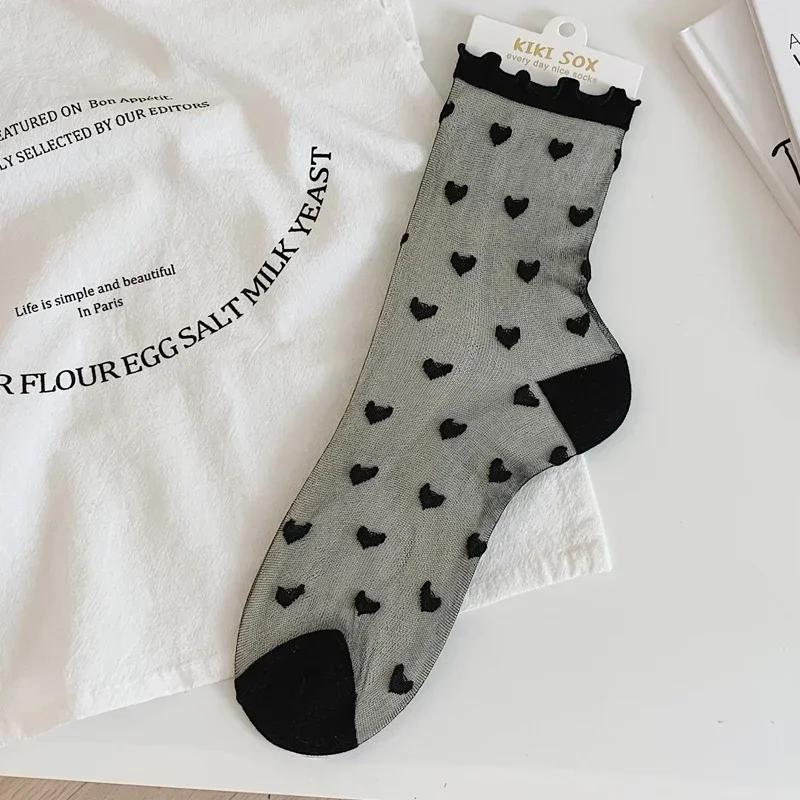 Lolita Invisible Socks Women Girls Summer Silk Lace Socks Crystal Silk Love Heart Ankle Socks Black White Transparent JK Sock