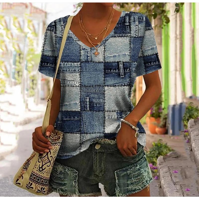 Summer V-neck 3D Retro Denim Plaid Printed Top Fashionable Casual Short Sleeved Women's T-shirts