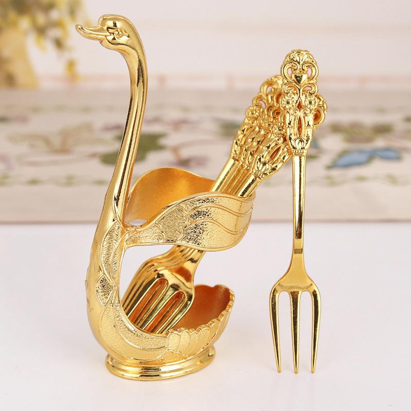 Forchetta Frutta Cigno Portagioie Cucina Moda Creativo Artigianato Metallico Stoviglie Set Cucchiaio Oro e Argento