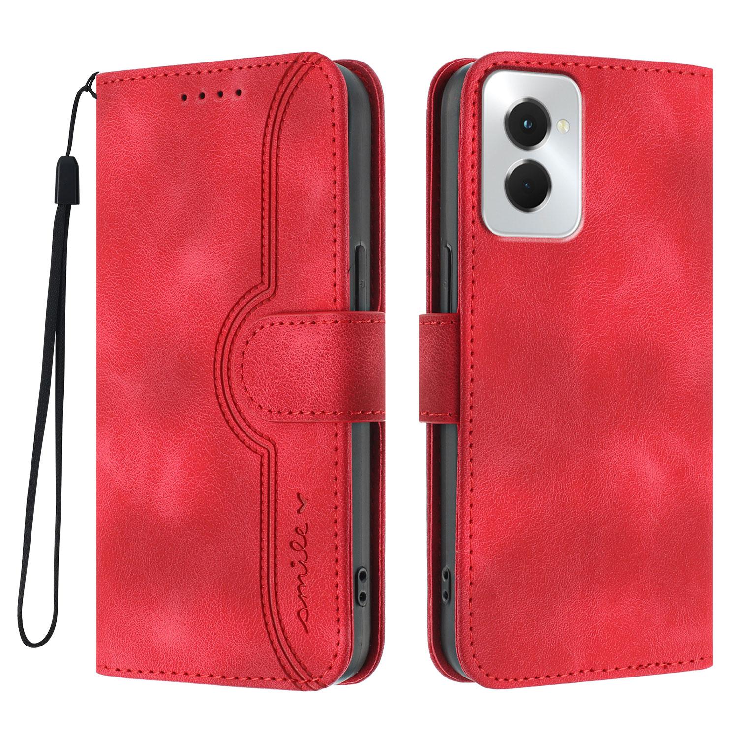 

For Motorola Moto G Power (2024) Leather Case Wallet Stand Smile Imprinted Phone Cover with Strap Red