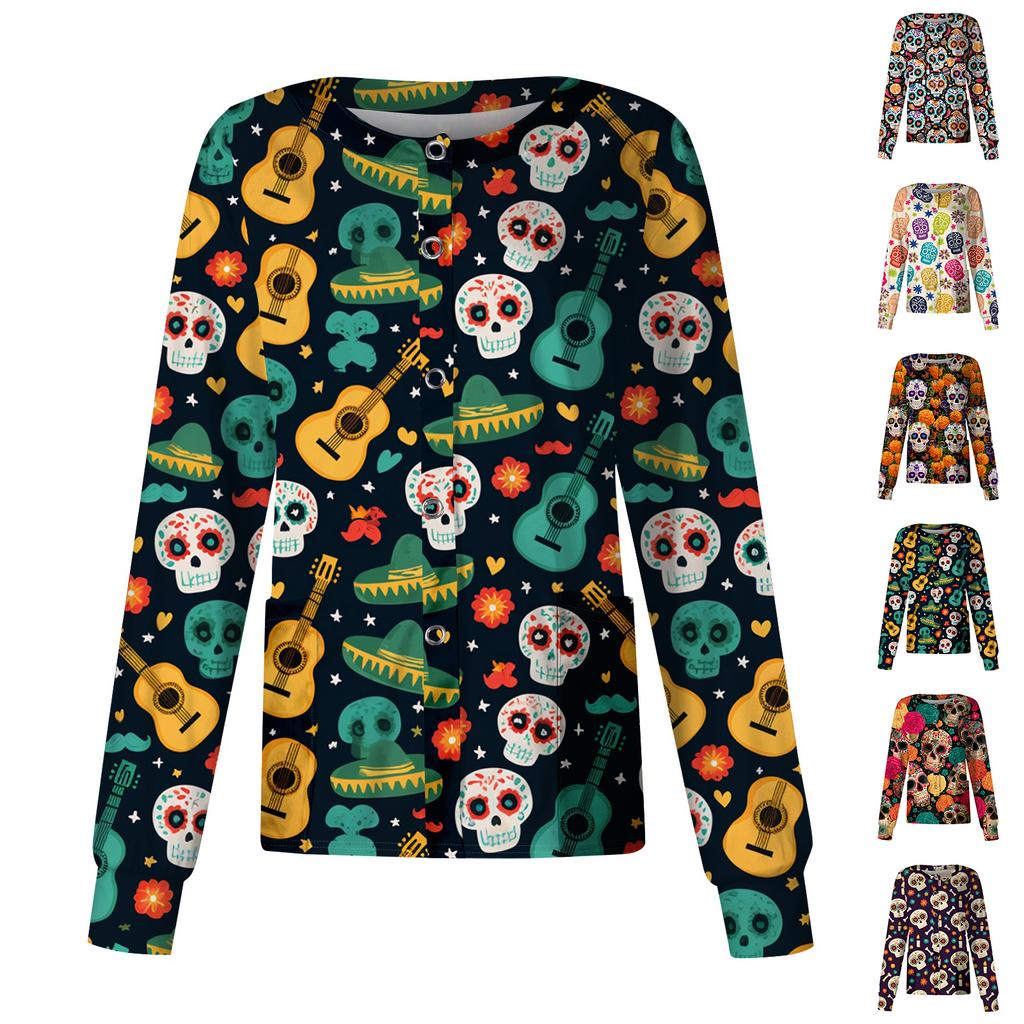 Women's Casual Long Sleeve Single-Breasted Print Scrub Top