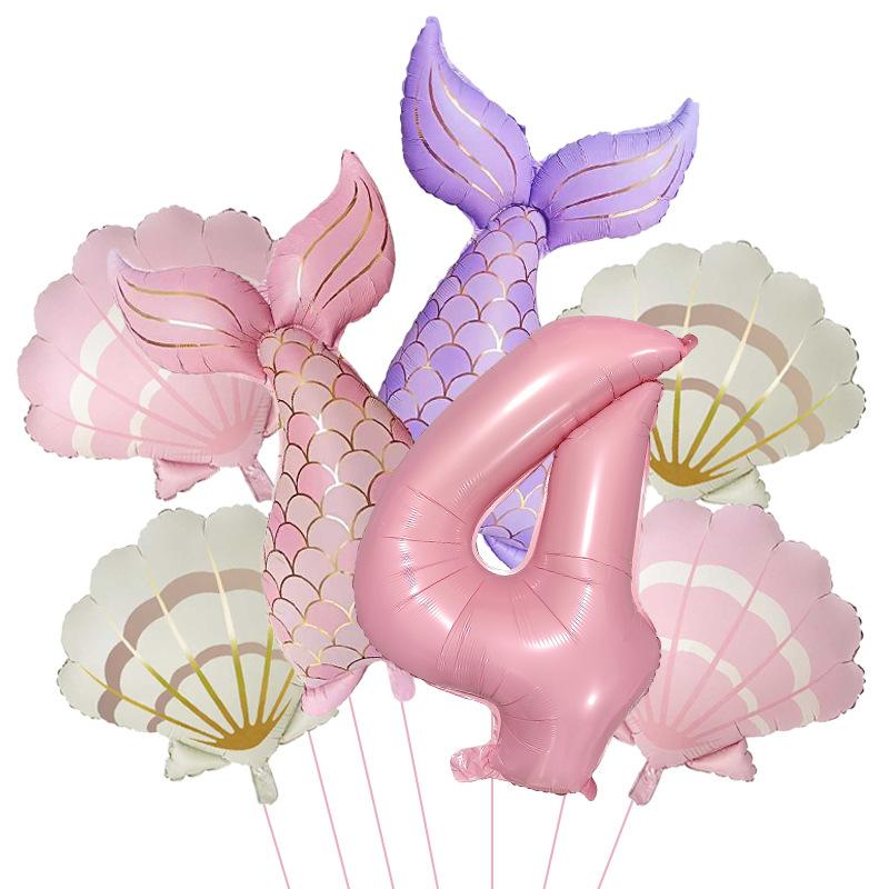 7 Stück Meeresmeerjungfrauenschwanz Muschel Muschel Ballons Set Rosa 0-9 Zahlen Folienballon Unterwasser Geburtstagsparty Dekoration Babyparty Zubehör