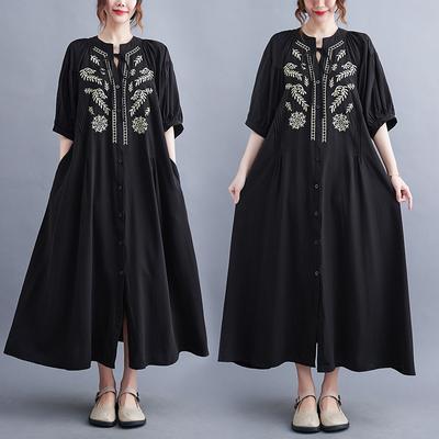 2024 Summer New Plus Size Women's Loose and Comfortable Fashion Embroidery Cardigan Casual Mid-Length Dress