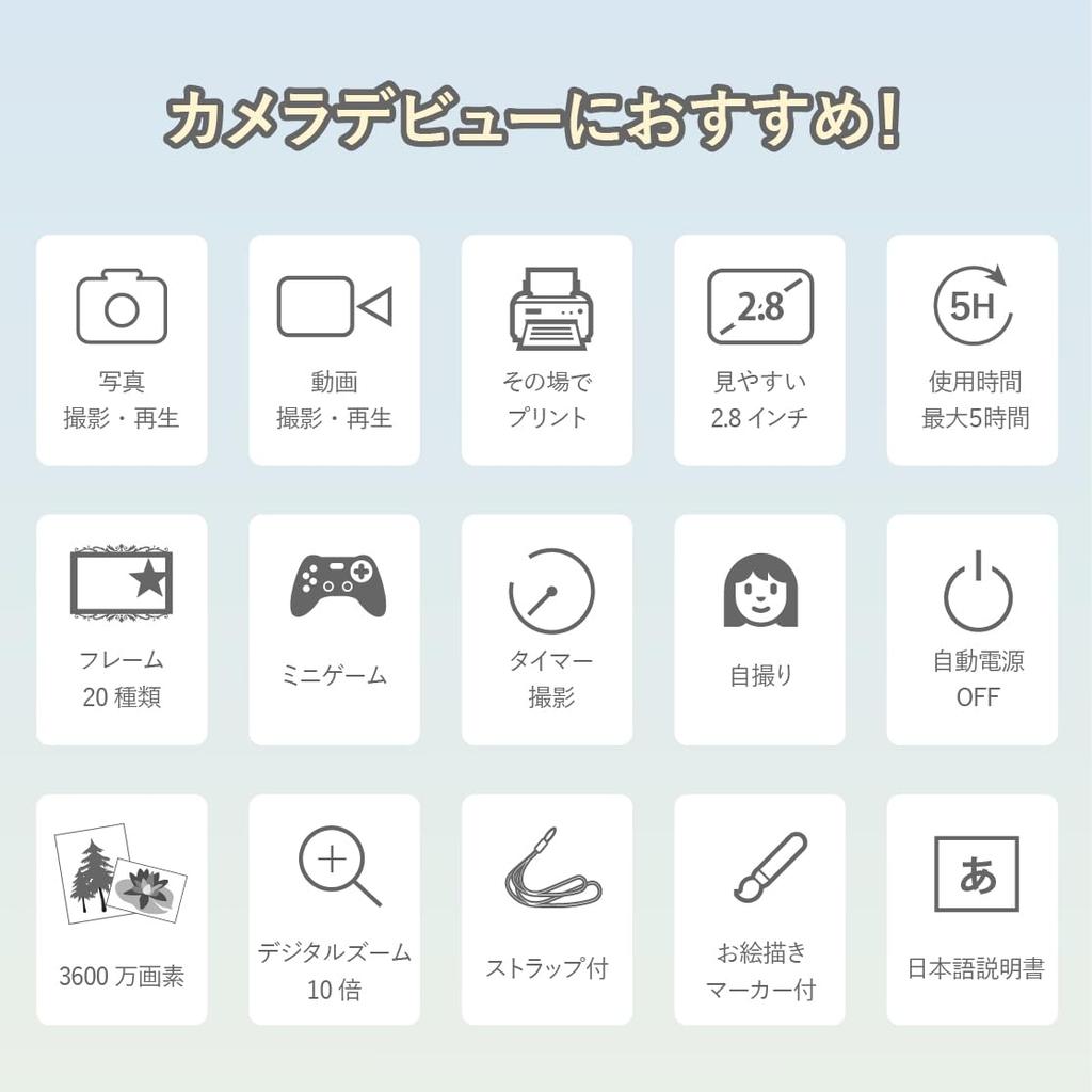 Saiel Camera Digital Print Camera for Toy Prints and Videos On Thermal Includes USB Christmas Entrance Independent Study Blue Kids' [On-the-Spot