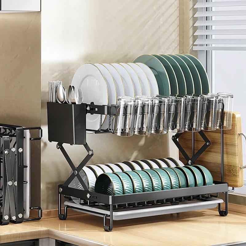 2-Tier Foldable Dish Storage Rack with Drip Tray, Countertop Kitchen Organizer, Easy to Install Plate & Bowl Drying Shelf