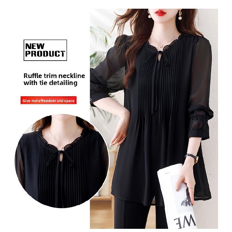 2026 Spring and Autumn New Large Size Tummy-Covering Slimming Top with Stylish Design, Chiffon Long-Sleeve Women's Top