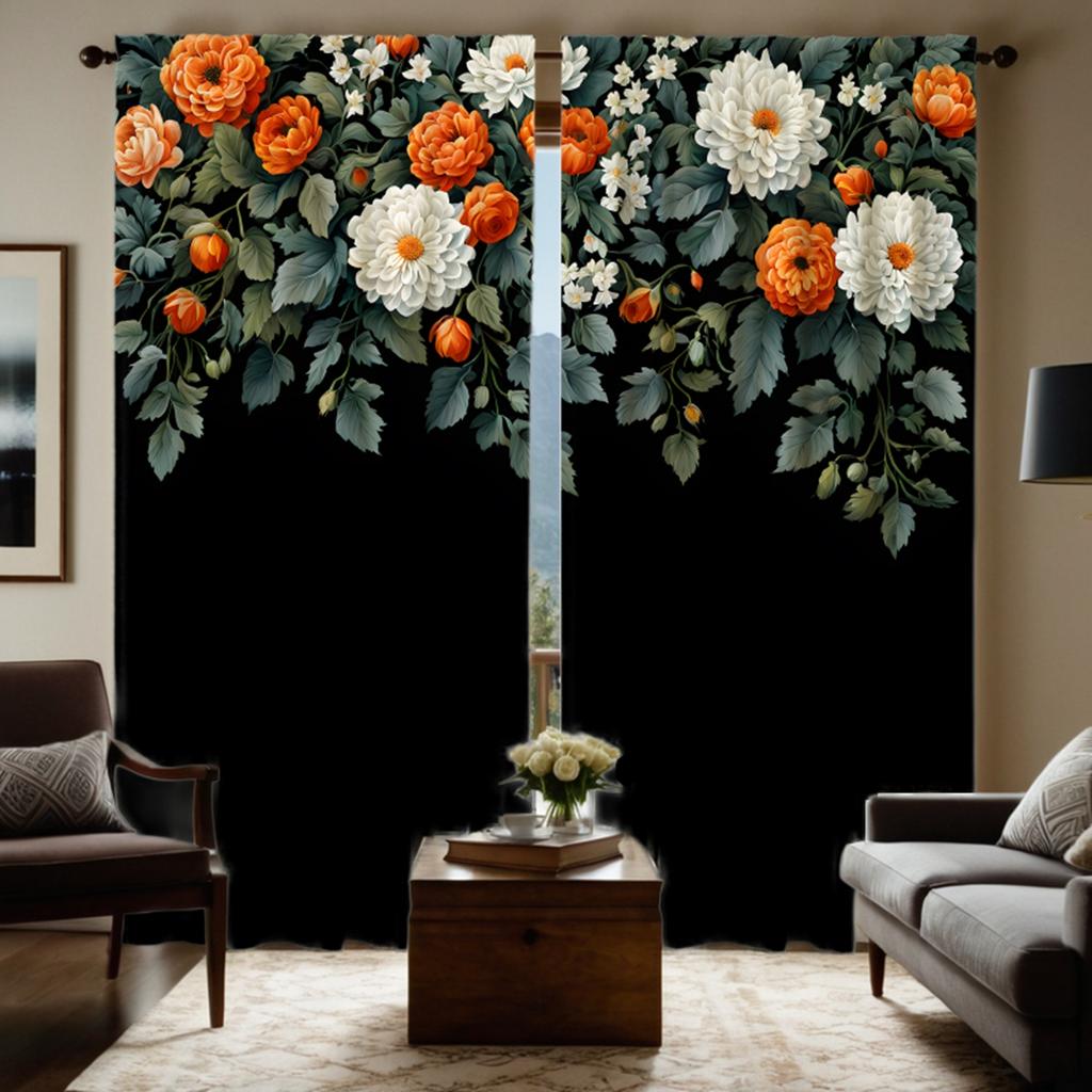 2pcs HD flower rich peony flower open decorative curtain Black tie digital printed curtain Home decoration style decoration l