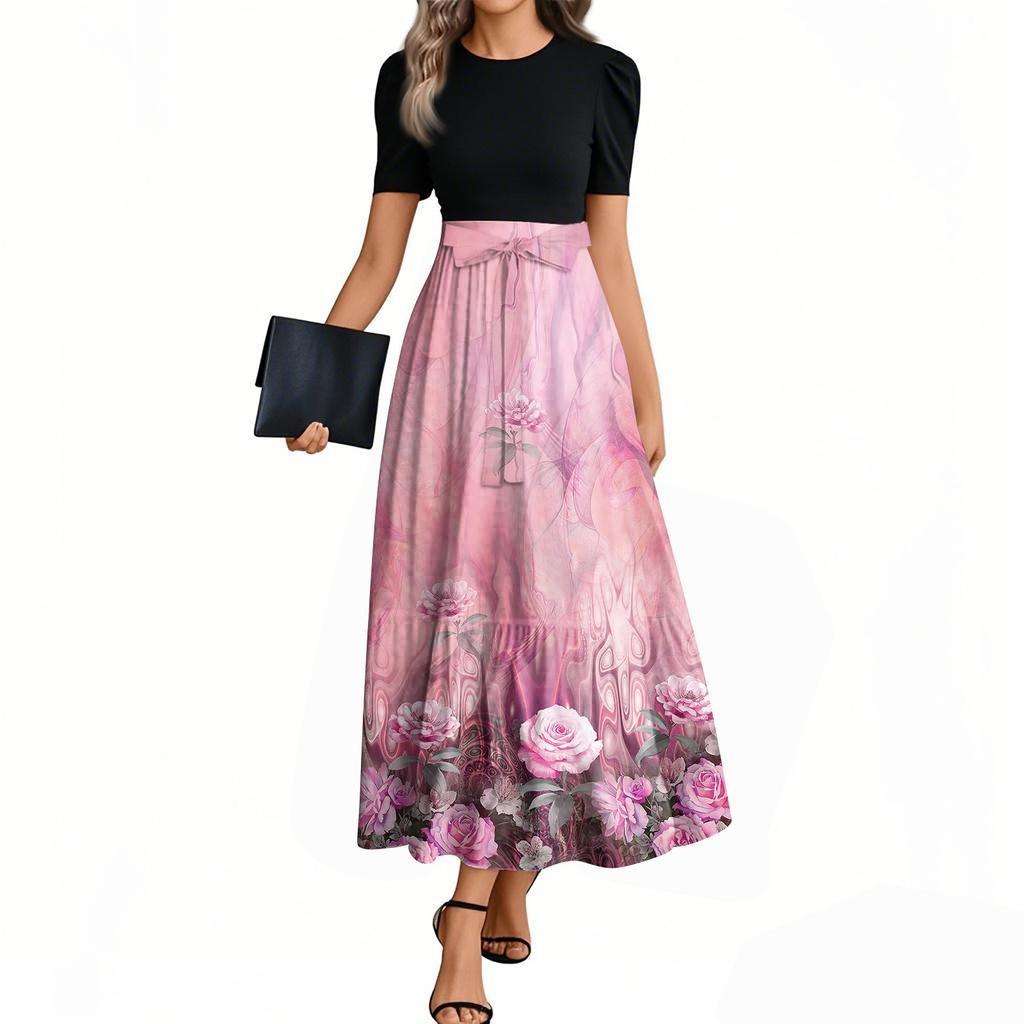 Damenmode Casual Gürtel Kurzarm Rundhals Blumennähte Elegantes Temperamentkleid
