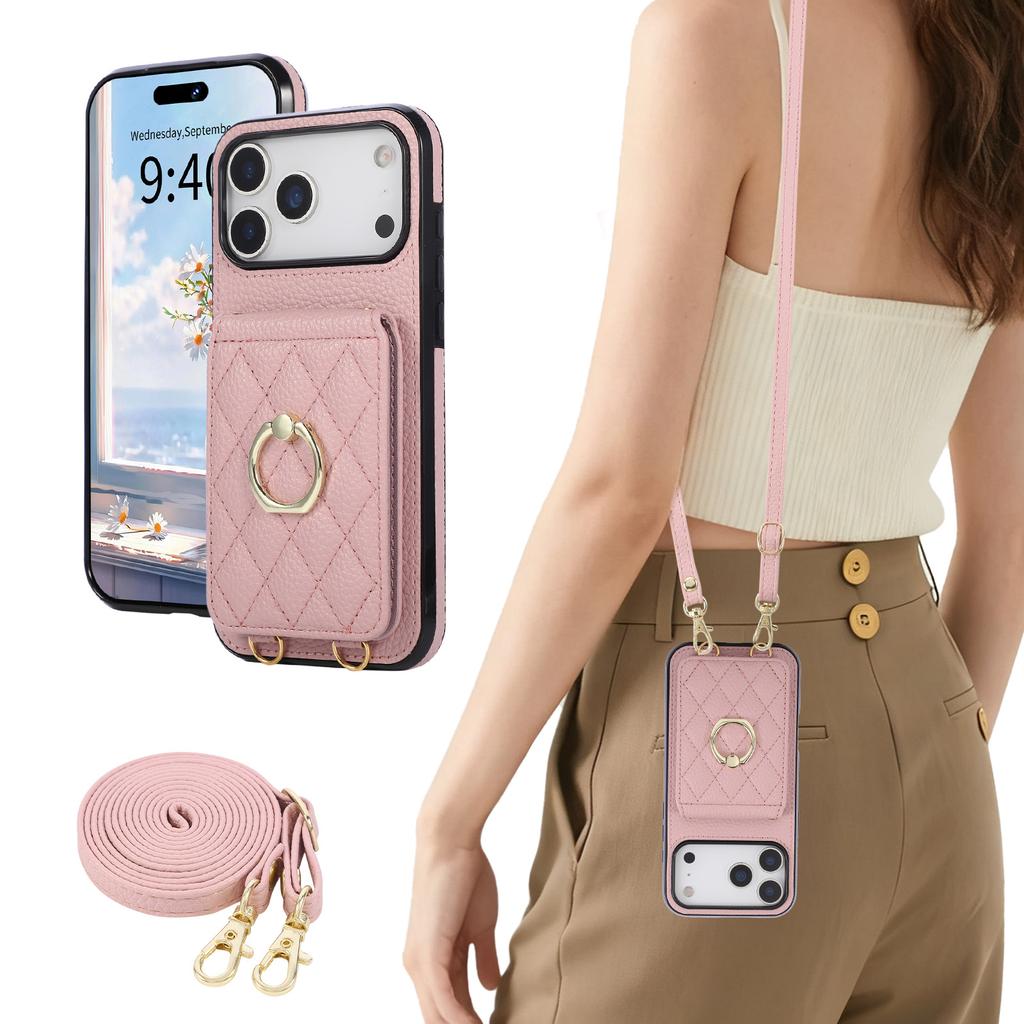 Crossbody Ring Holder Cards Solt Wallet Flip Leather Phone Case For iPhone 17 Pro Max 16 Plus 15 14 13 12 11 Long Lanyard Cover