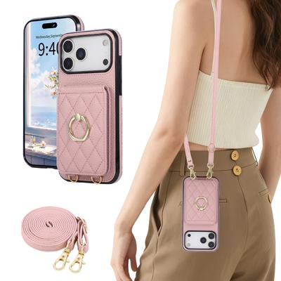 Crossbody Ring Holder Cards Solt Wallet Flip Leather Phone Case For iPhone 17 Pro Max 16 Plus 15 14 13 12 11 Long Lanyard Cover