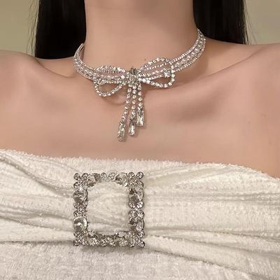 Rhinestone Bow Tassel Pearl Necklace - Elegant Clavicle Chain with a High-End Design