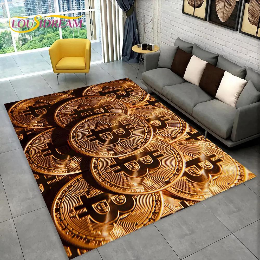 3D Bitcoin Virtual Valuta Area Matta Stor, Matta för Vardagsrum Sovrum Soffa Lekrum Dörrmatta Dekor, Barn Halkfri golvmatta