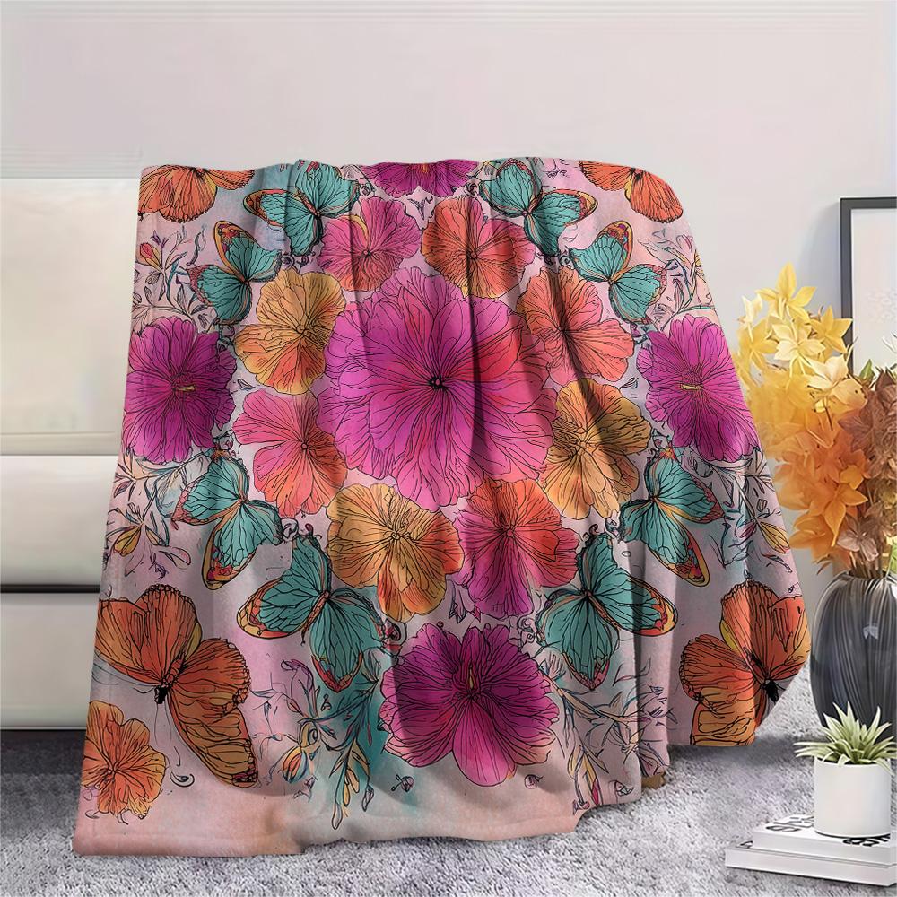 Flower Butterfly  Print Flannel Blanket, High quality Comfortable for All Seasons, Home Decor, Warmth and Comfort