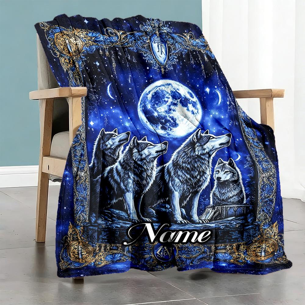 Wolves Moon Customize Your Name Blanket Throw Customizable Blanket Ultra-Soft for Seaside Nap Office Chair Chair for All Occasions